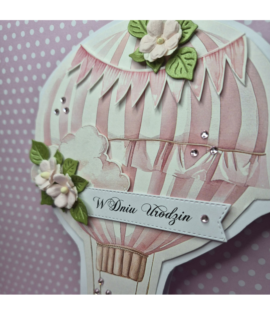 Różowa kartka - balon z koszem, kwiaty, Urodziny, handmade