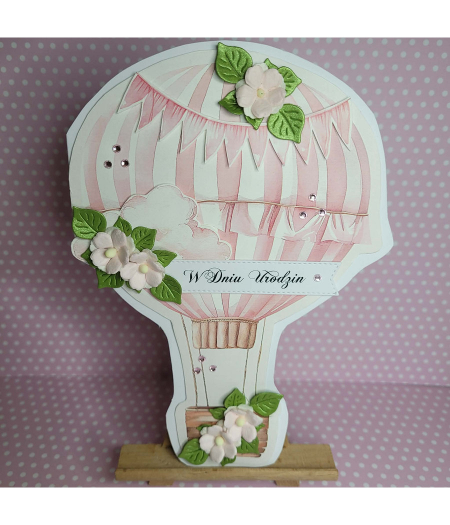 Różowa kartka - balon z koszem, kwiaty, Urodziny, handmade