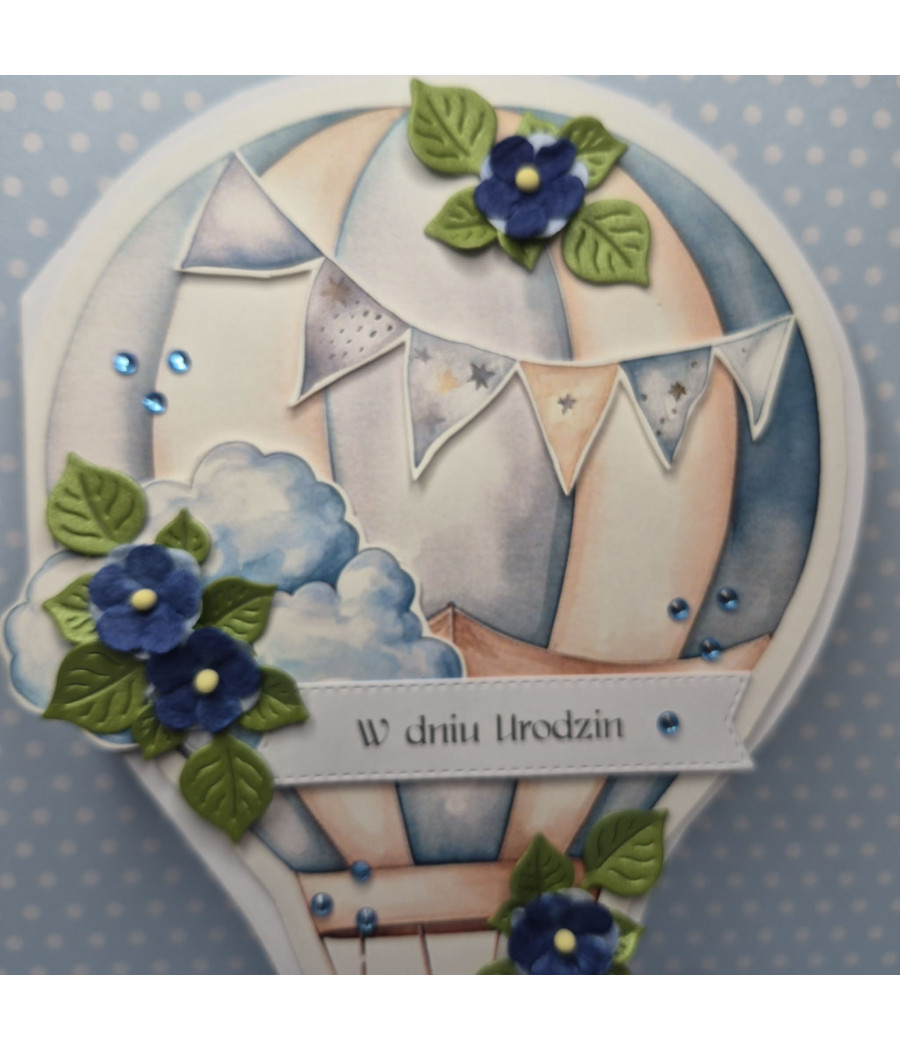 Niebieska kartka - balon z koszem, Urodziny, kwiaty, handmade