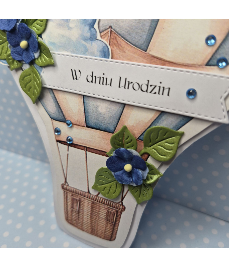 Niebieska kartka - balon z koszem, Urodziny, kwiaty, handmade