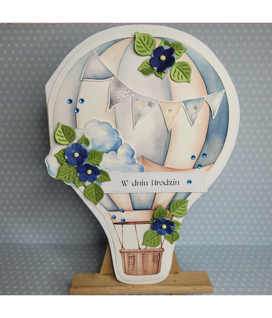 Niebieska kartka - balon z koszem, Urodziny, kwiaty, handmade