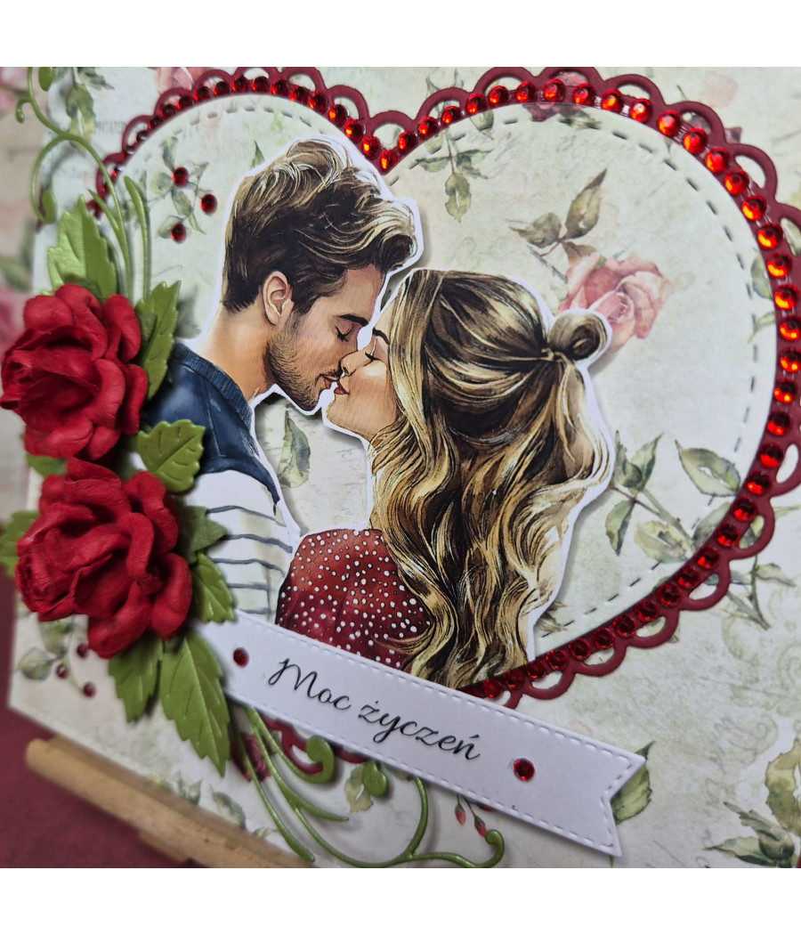 Czerwona kartka, zakochana para, gratulacje, róże, handmade