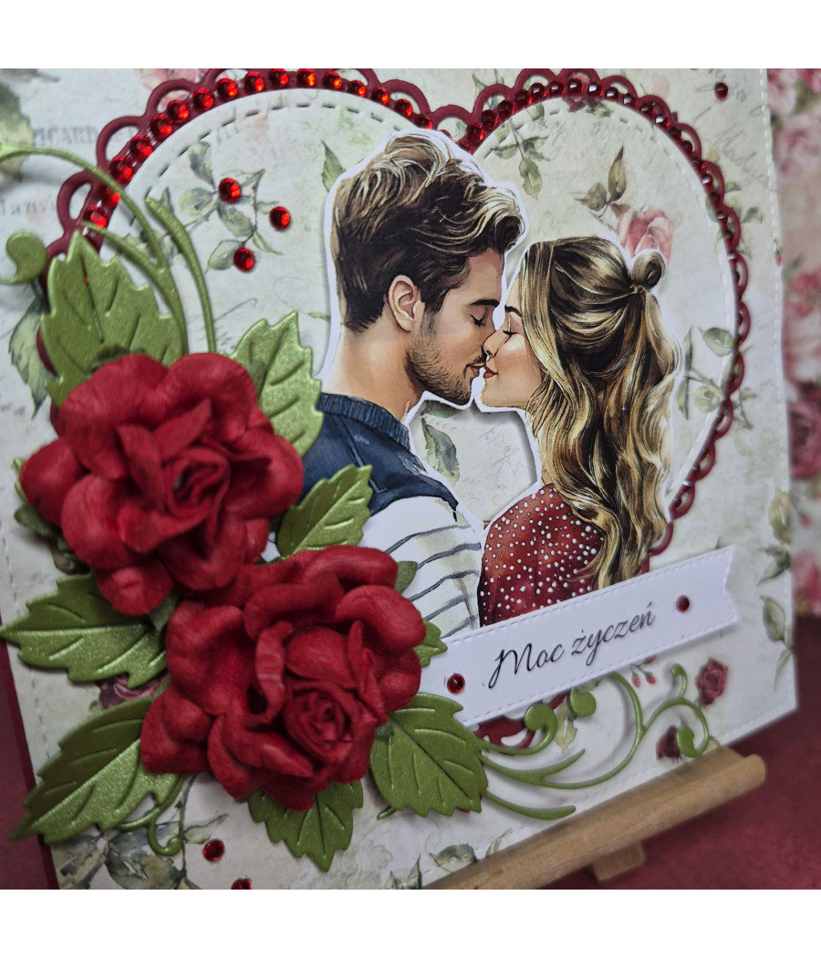 Czerwona kartka, zakochana para, gratulacje, róże, handmade