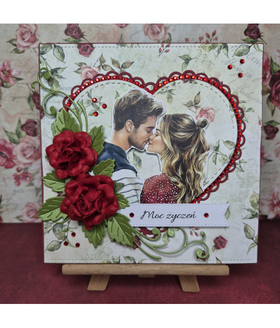 Czerwona kartka, zakochana para, gratulacje, róże, handmade