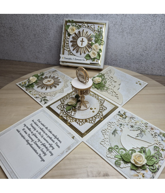 Kremowy exploding box, Pamiątka I Komunii Św., kielich, handmade