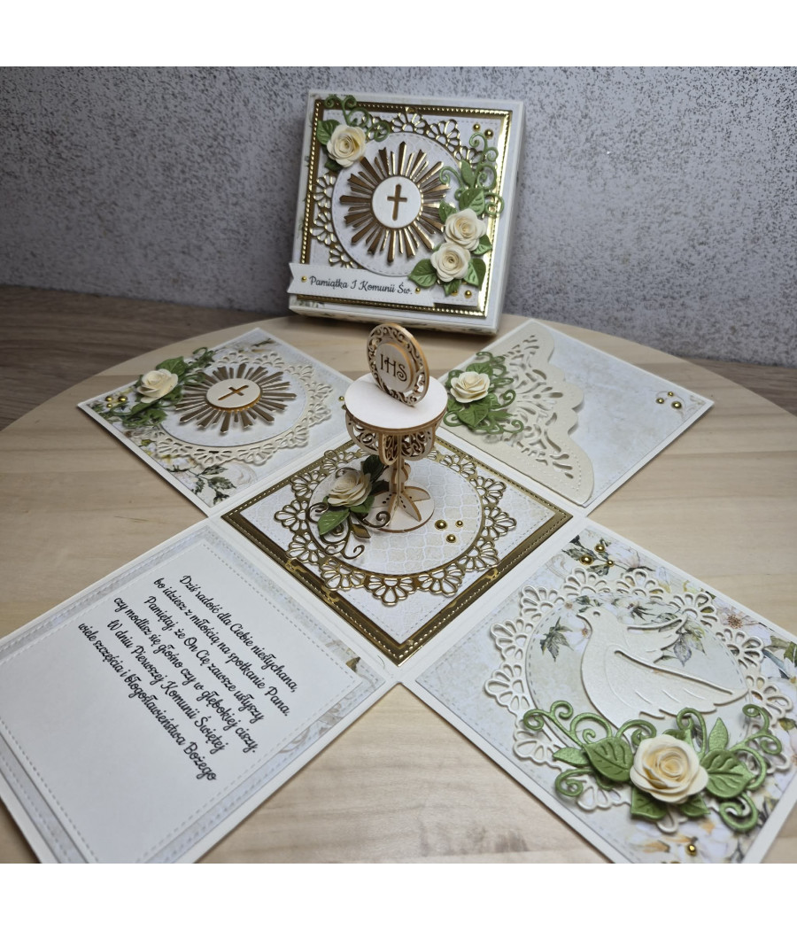 Kremowy exploding box, Pamiątka I Komunii Św., kielich, handmade