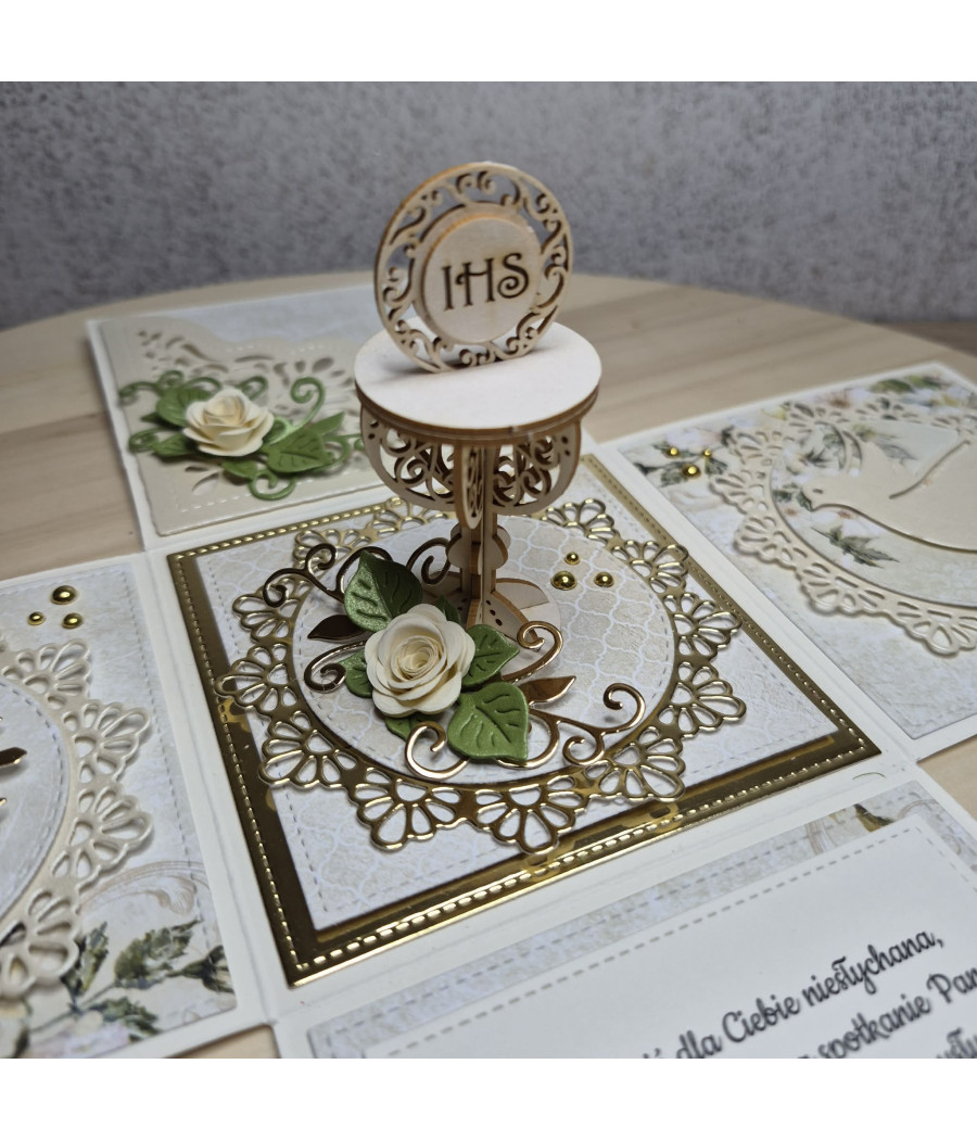 Kremowy exploding box, Pamiątka I Komunii Św., kielich, handmade