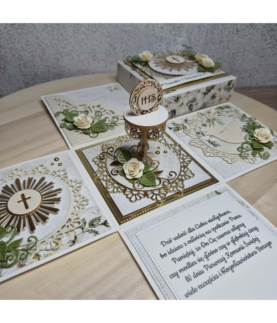 Kremowy exploding box, Pamiątka I Komunii Św., kielich, handmade