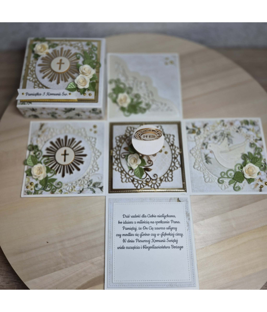 Kremowy exploding box, Pamiątka I Komunii Św., kielich, handmade