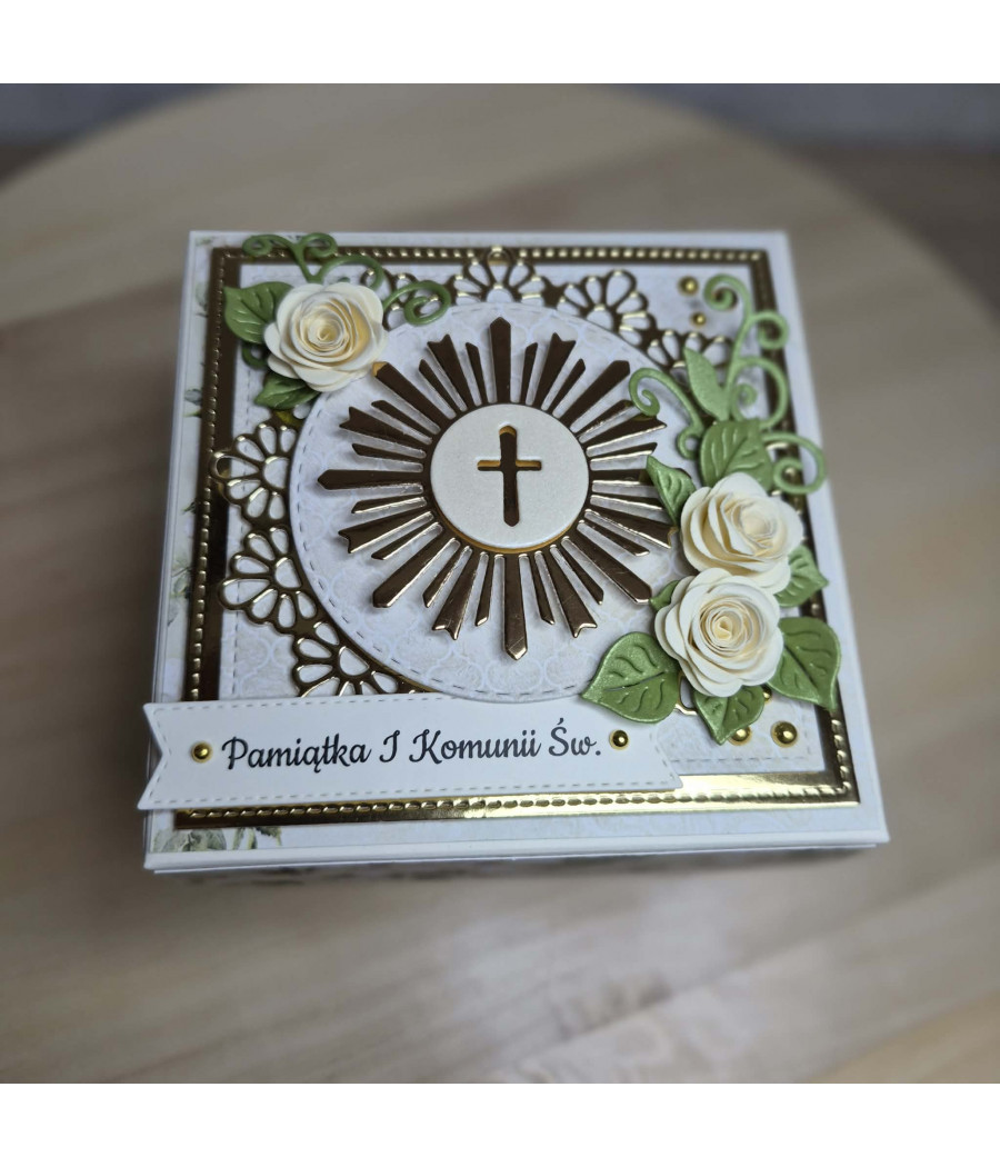Kremowy exploding box, Pamiątka I Komunii Św., kielich, handmade