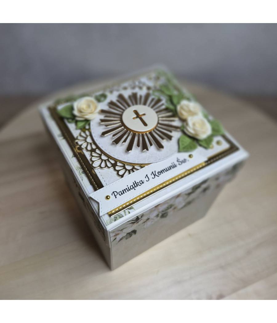 Kremowy exploding box, Pamiątka I Komunii Św., kielich, handmade