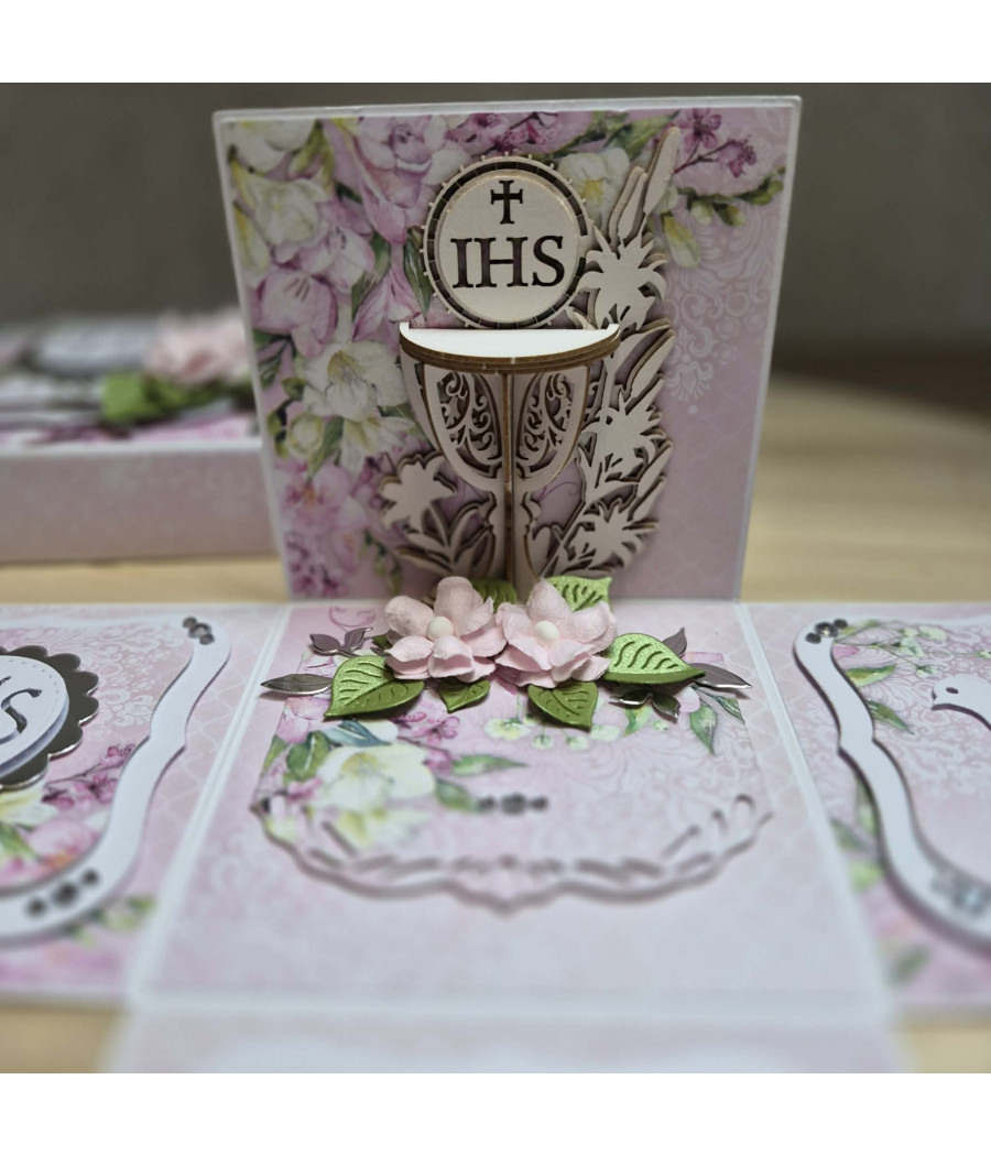 Rózowy exploding box, Pamiątka I Komunii, Kielich, kartka 3D, handmade