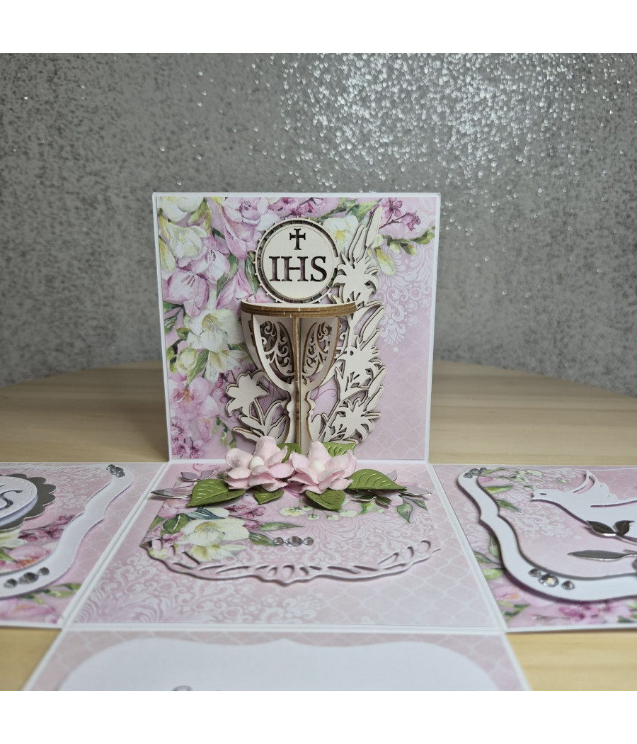 Rózowy exploding box, Pamiątka I Komunii, Kielich, kartka 3D, handmade
