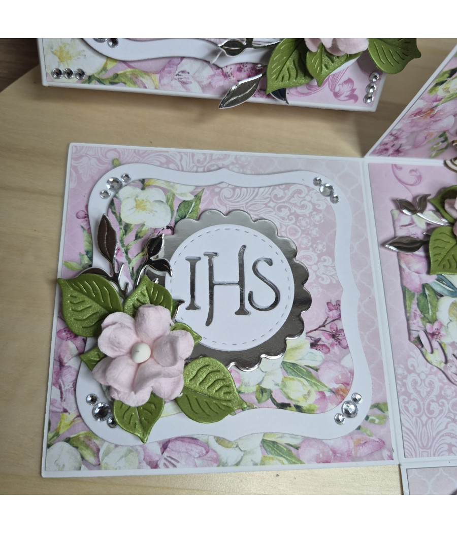 Rózowy exploding box, Pamiątka I Komunii, Kielich, kartka 3D, handmade