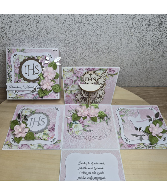 Rózowy exploding box, Pamiątka I Komunii, Kielich, kartka 3D, handmade