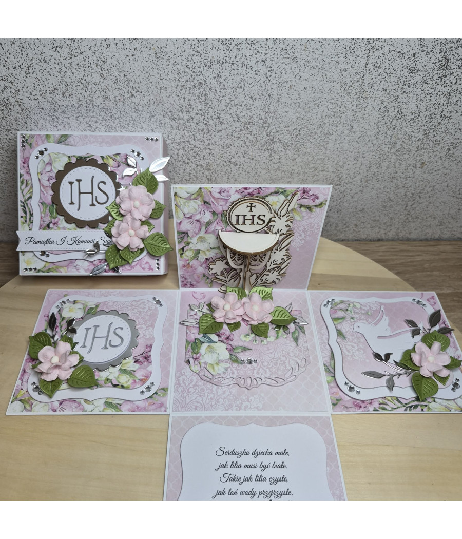 Rózowy exploding box, Pamiątka I Komunii, Kielich, kartka 3D, handmade