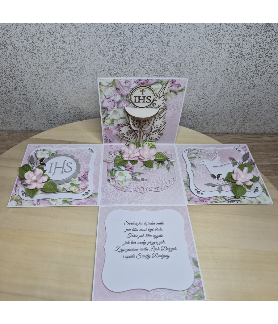 Rózowy exploding box, Pamiątka I Komunii, Kielich, kartka 3D, handmade