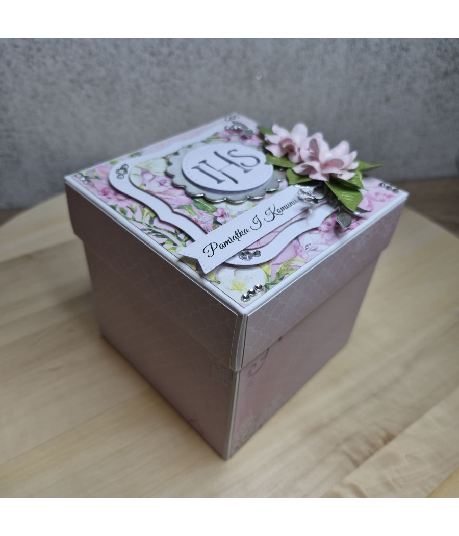 Rózowy exploding box, Pamiątka I Komunii, Kielich, kartka 3D, handmade