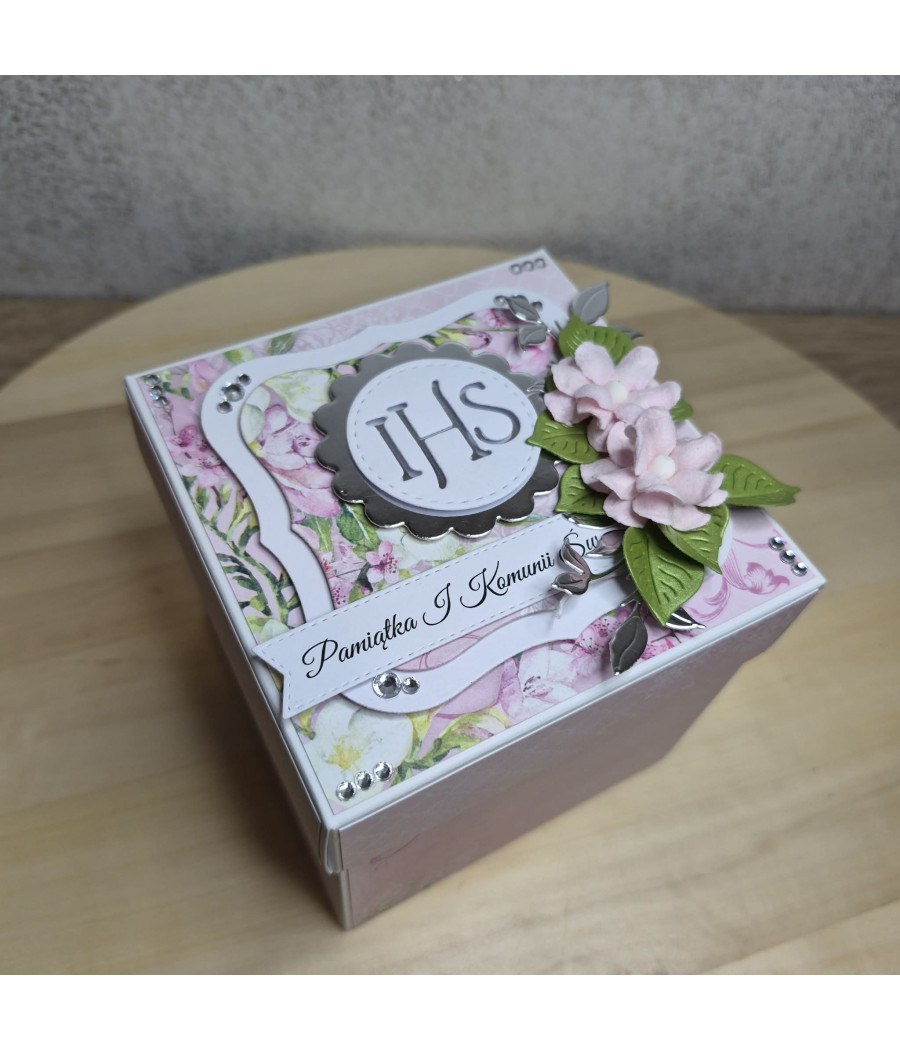 Rózowy exploding box, Pamiątka I Komunii, Kielich, kartka 3D, handmade