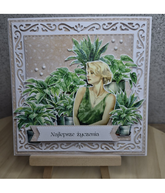 Zielona kartka, kwiaty doniczkowe, kobieta, handmade, rośliniara