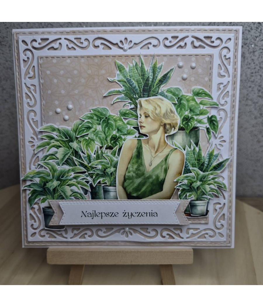 Zielona kartka, kwiaty doniczkowe, kobieta, handmade, rośliniara