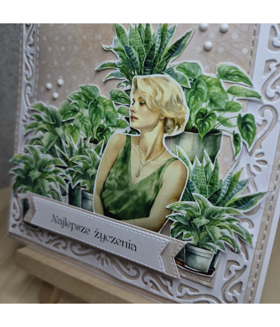 Zielona kartka, kwiaty doniczkowe, kobieta, handmade, rośliniara