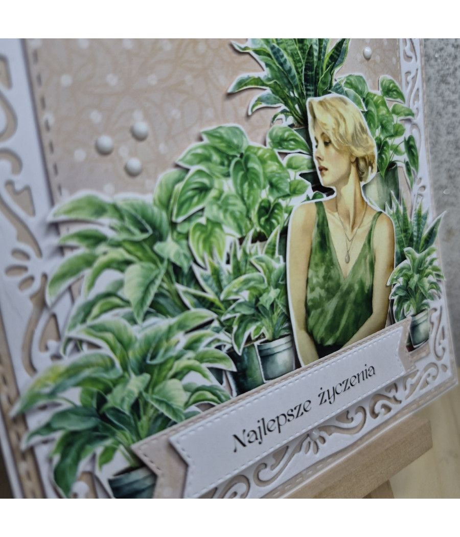 Zielona kartka, kwiaty doniczkowe, kobieta, handmade, rośliniara