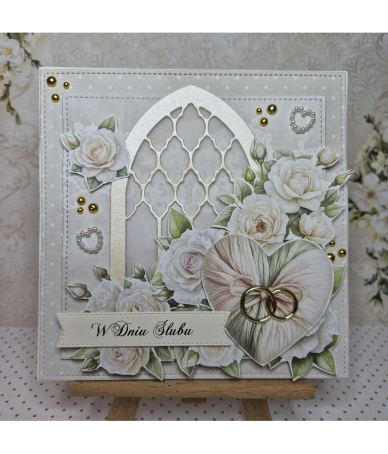 Kremowa kartka na Ślub, róże, handmade