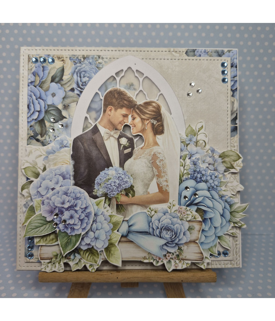 Niebieska ślubna kartka z Parą Młodą, handmade, hortensje
