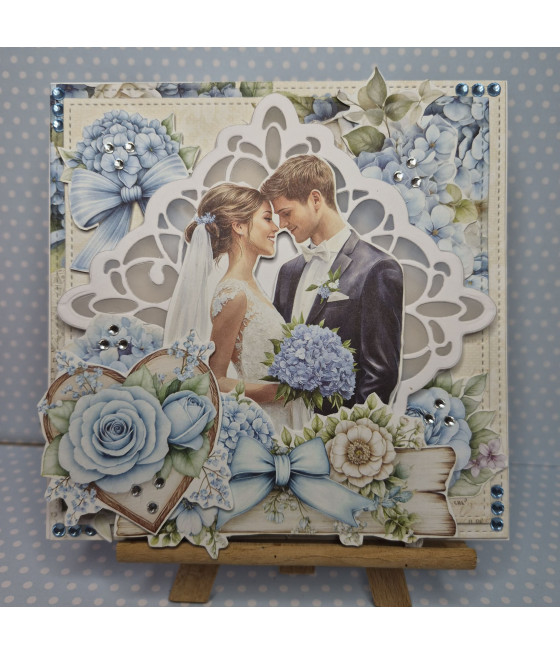 Niebieska kartka na Ślub, Młoda Para, hortensje, handmade
