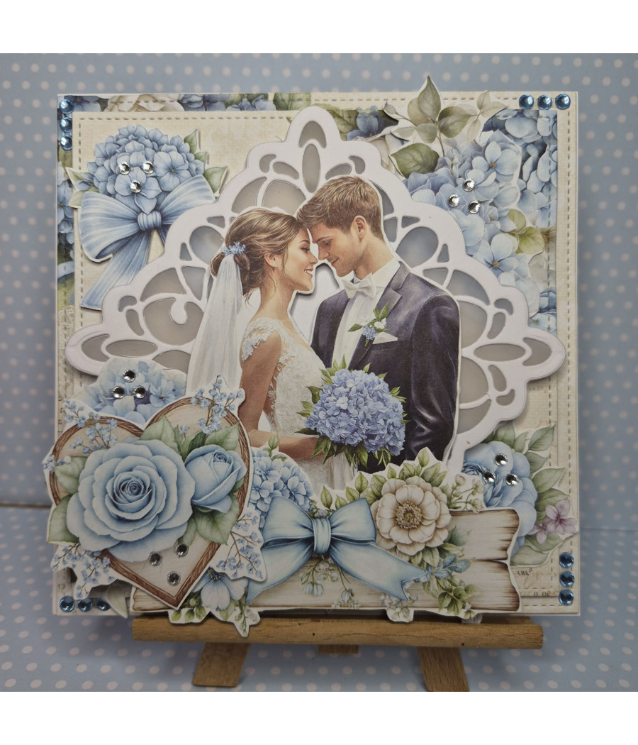 Niebieska kartka na Ślub, Młoda Para, hortensje, handmade
