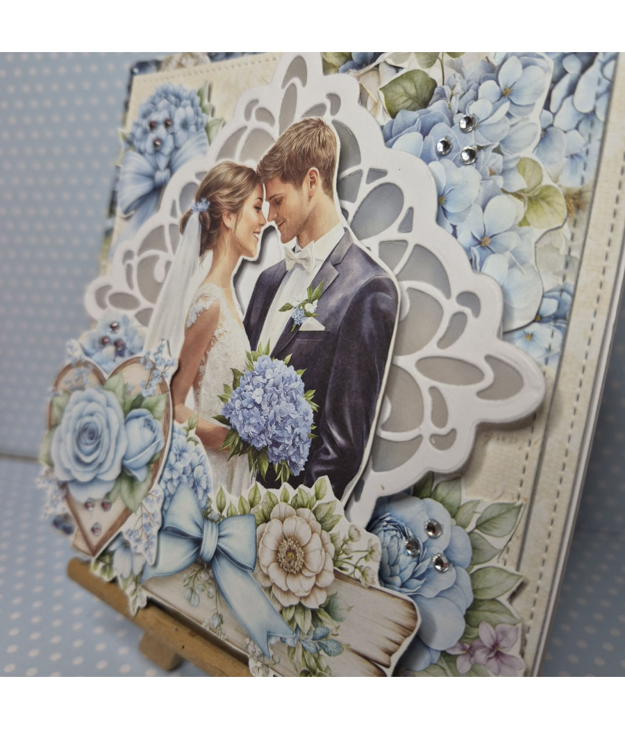 Niebieska kartka na Ślub, Młoda Para, hortensje, handmade