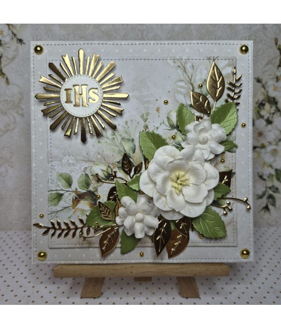 Kremowa kartka na Komunię, Hostia, handmade