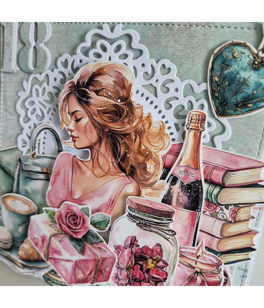 Miętowo-różowa, kobieca kartka na 18 urodziny, handmade