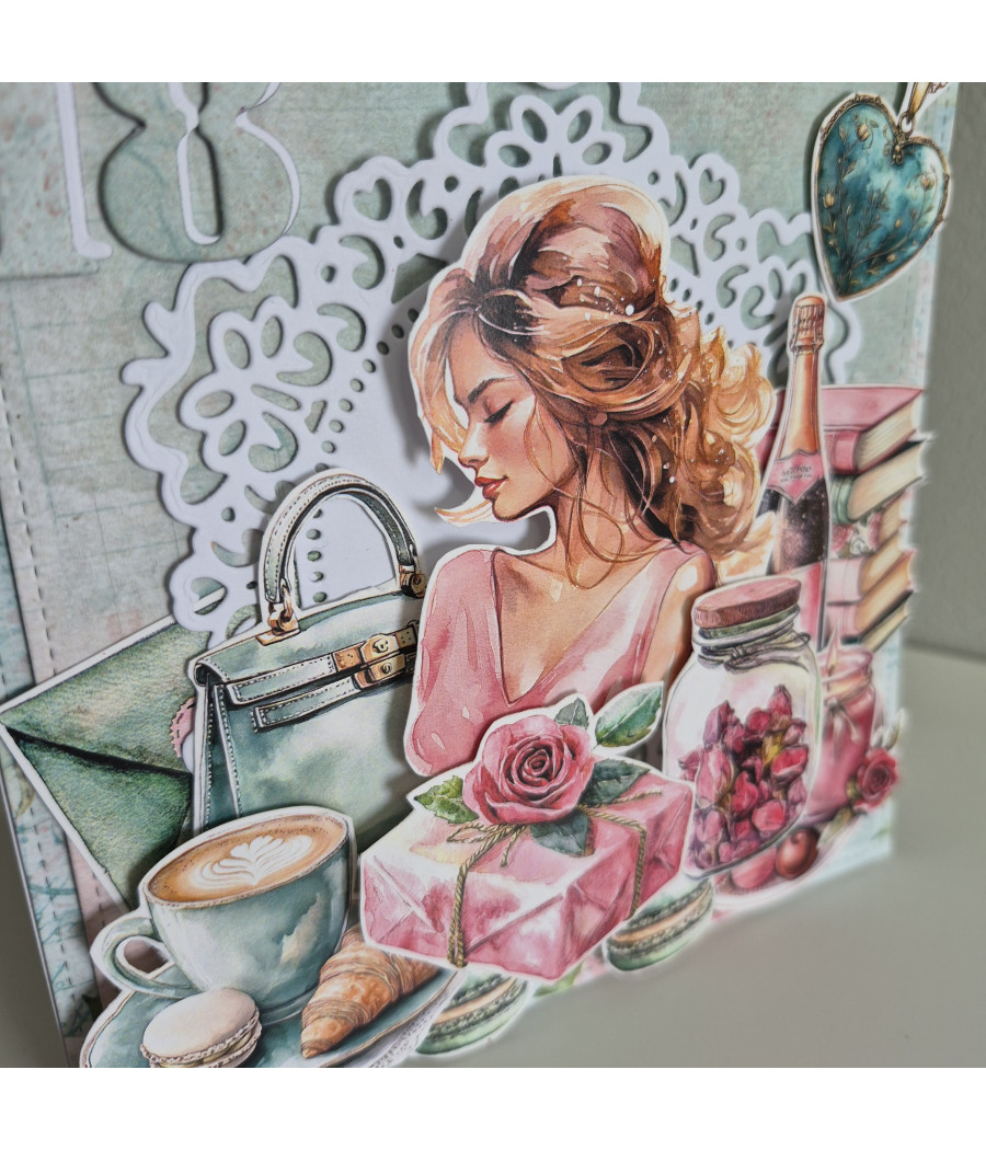 Miętowo-różowa, kobieca kartka na 18 urodziny, handmade