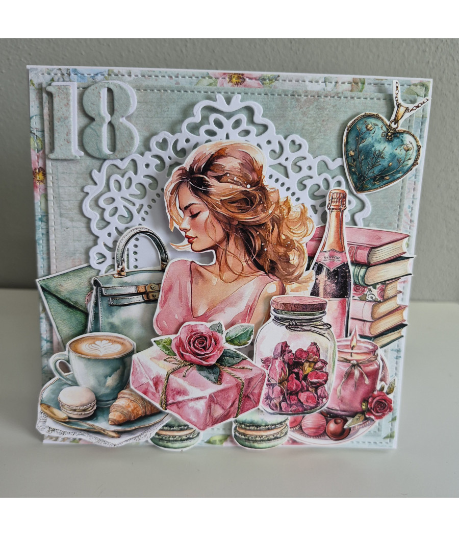 Miętowo-różowa, kobieca kartka na 18 urodziny, handmade