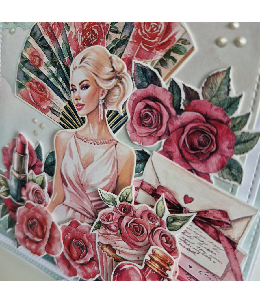 Różowo-miętowa, kobieca kartka na każdą okazję, wachlarz, handmade