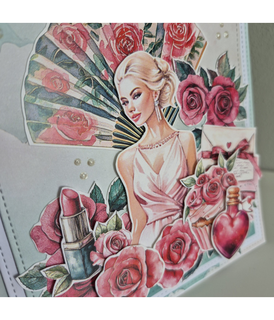 Różowo-miętowa, kobieca kartka na każdą okazję, wachlarz, handmade