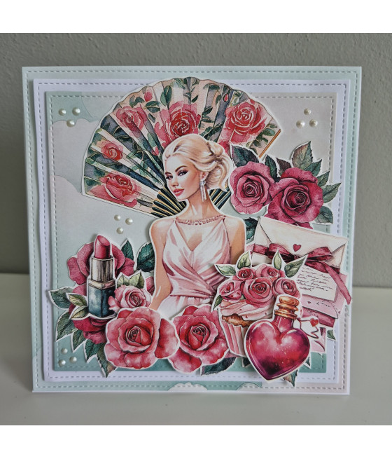 Różowo-miętowa, kobieca kartka na każdą okazję, wachlarz, handmade