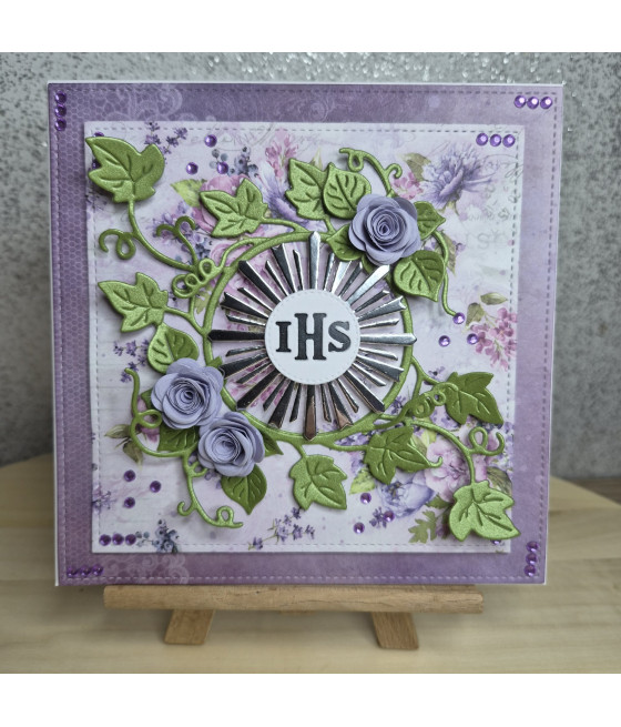 Fioletowa kartka na Komunię, listki, hostia, handmade