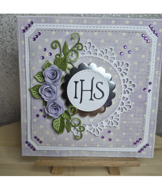 Fioletowa kartka w groszki, na Komunię, IHS, handmade