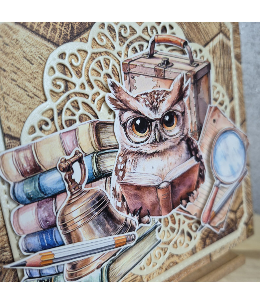 Brązowa kartka na koniec roku szkolnego, dzień nauczyciela, podziękowania, sowa, handmade
