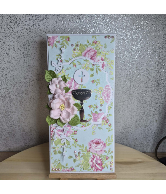Różowa kartka na Komunię, IHS, kielich, kwiaty, handmade