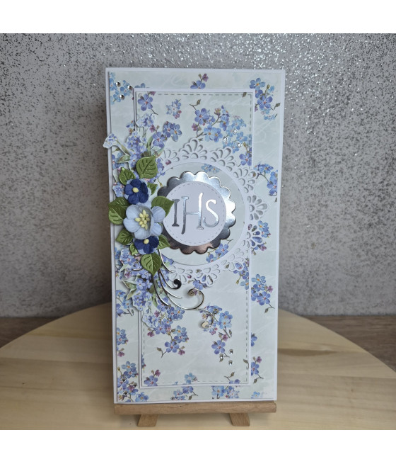 Niebieska kartka na Komunię, IHS, niezapominajki, handmade