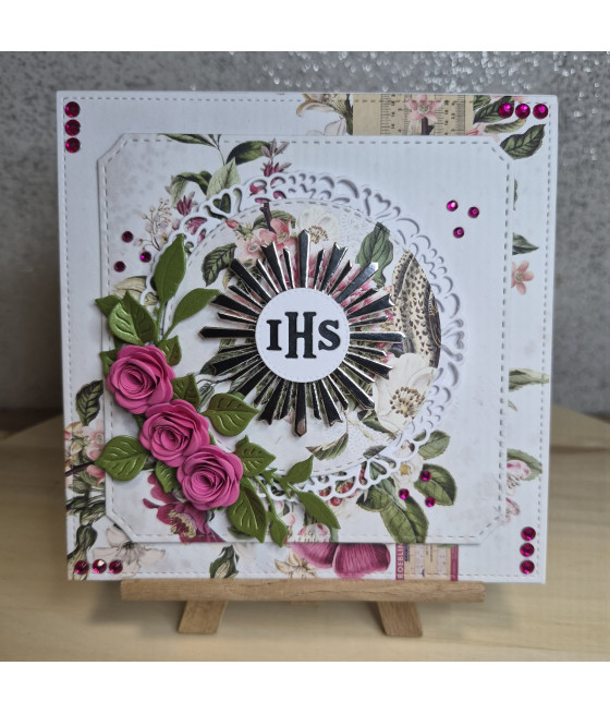 Różowa kartka na Komunię, IHS, kwiaty, Hostia, handmade