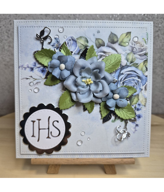 Niebieska kartka na Komunię, kwiaty, Hostia, handmade