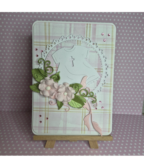 Różowa kartka z szatką na Chrzest, handmade