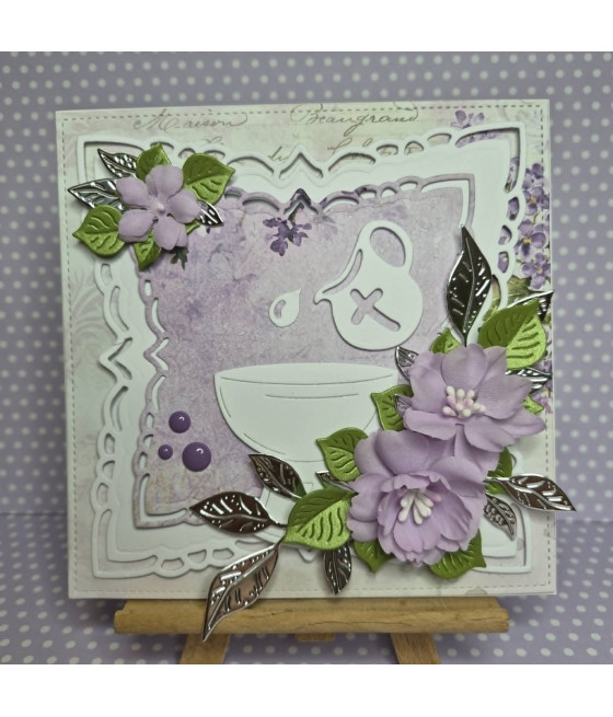 Fioletowa kartka na Chrzest, chrzcielnica, kwiaty, handmade