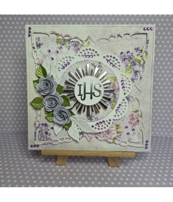 Fioletowa, delikatna kartka na Komunię, IHS, handmade
