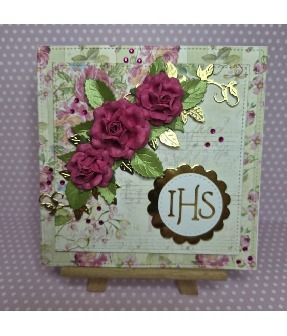 Różowa kartka na Komunię, fuksja, IHS, handmade